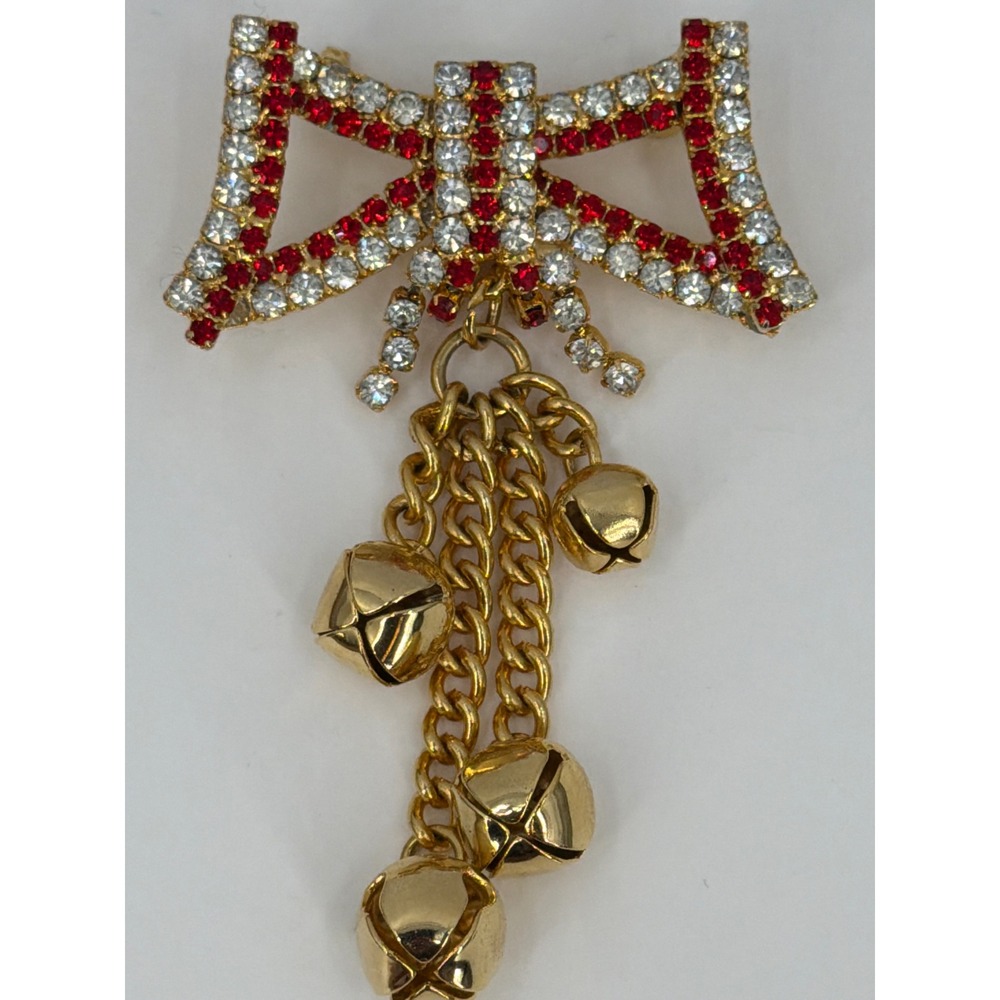Vintage Christmas Bow Brooch Red Clear Rhinestone Gold Tone Jingle Bells Pin